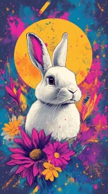 Colorful Bunny Illustration in Floral Setting