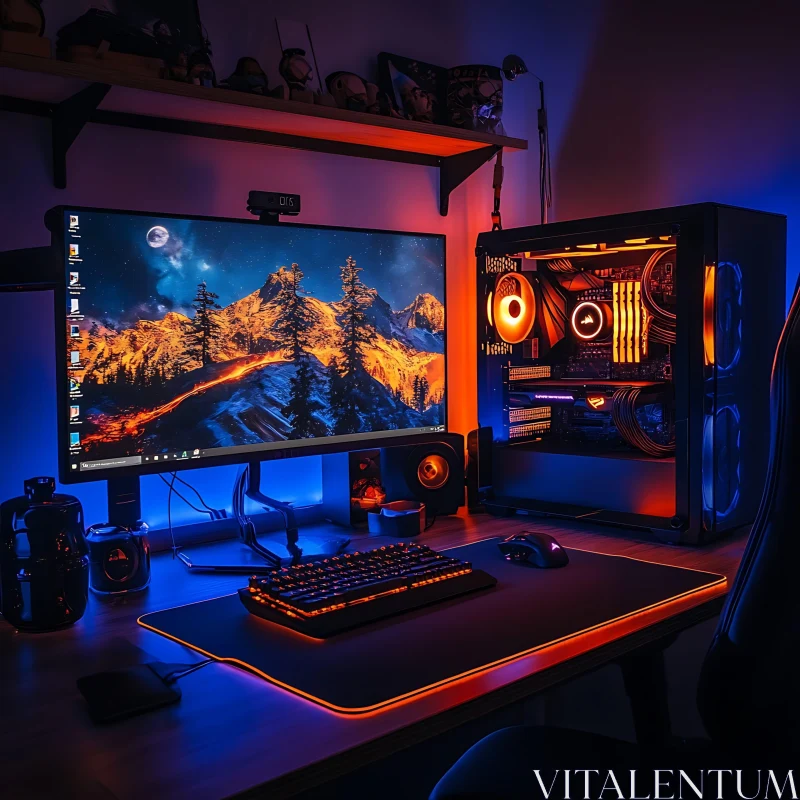 RGB Gaming Station with Mountain Landscape Display AI Image