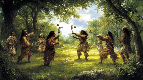 Indigenous People Playing Lacrosse in Forest