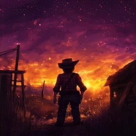 Lone Cowboy at Sunset Under Starry Sky