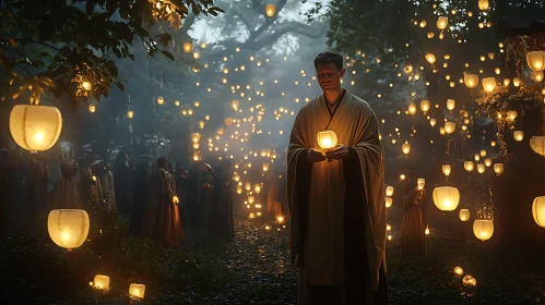 Illuminated Forest Gathering with Monk