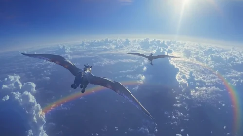 Winged Horses in Sky with Rainbow