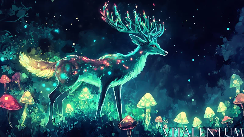 Luminous Deer Amidst Glowing Mushrooms AI Image