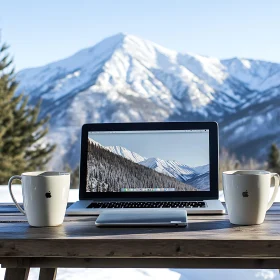 Mountain View Outdoor Workspace with Laptop and Coffee