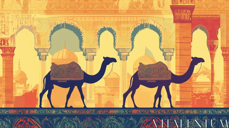 AI ART Silhouetted Camels in an Arabian Landscape