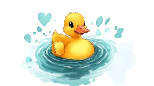 Adorable Yellow Duckling in Water Cartoon Art