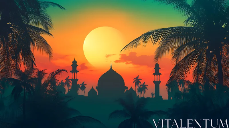 Sunset Over Mosque with Palm Trees AI Image