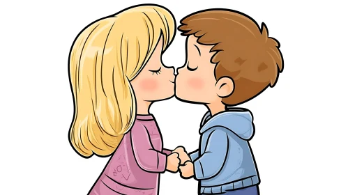 Innocent Cartoon Kiss Between Two Children