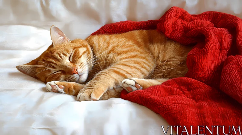 AI ART Serene Ginger Cat Sleeping Wrapped in Red