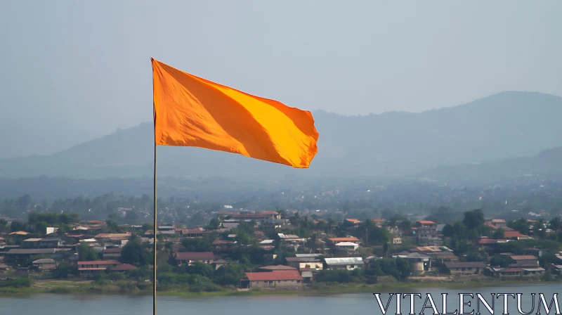 Scenic View with Orange Flag and Landscape AI Image