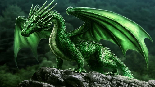 Green Dragon Perched on Rocks