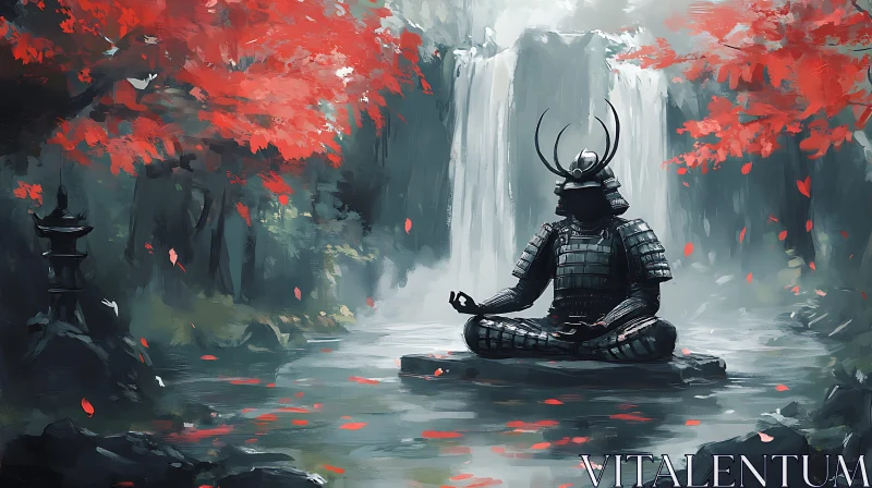 AI ART Samurai in Contemplation Near Waterfall