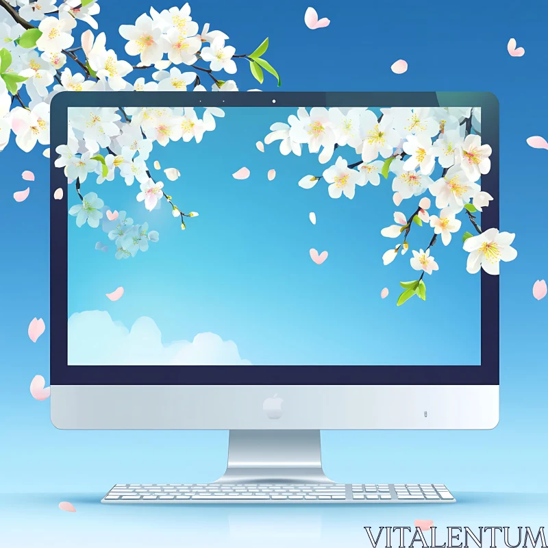 Spring Blossoms on Computer Screen AI Image