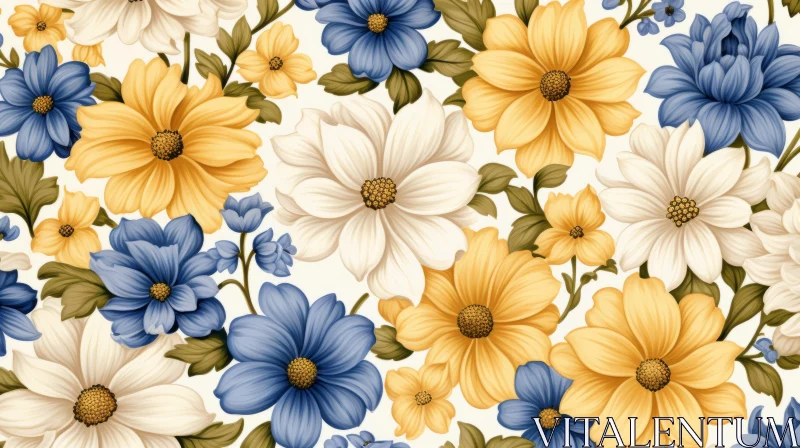 Blue and Yellow Floral Wallpaper with Mismatched Patterns AI Image