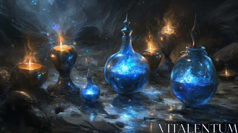 Blue Glowing Potions and Candles - A Mysterious Still Life AI Image