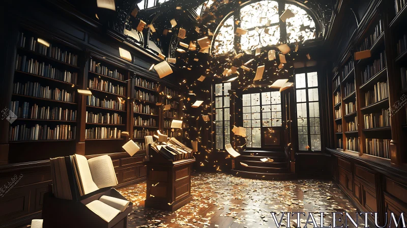 AI ART Vintage Library with Flying Books