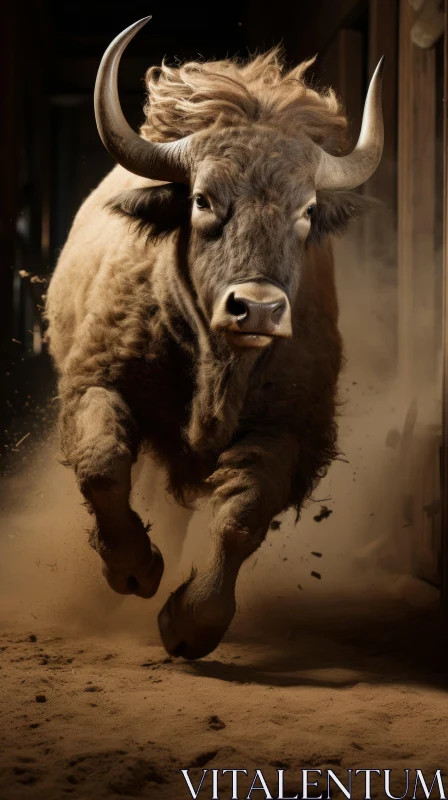 Captivating Portrait of a Running Bull in a Rural Setting AI Image