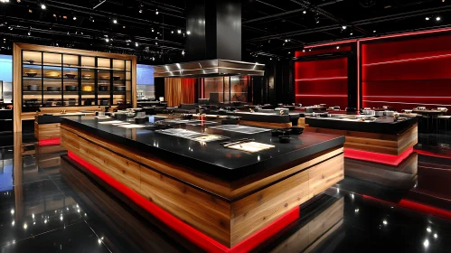 Sleek Restaurant Kitchen Design with Red Lighting