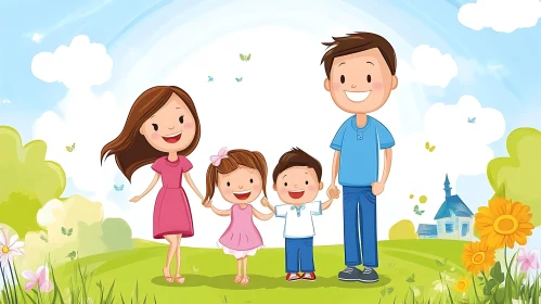 Cartoon Family Portrait in a Sunny Field