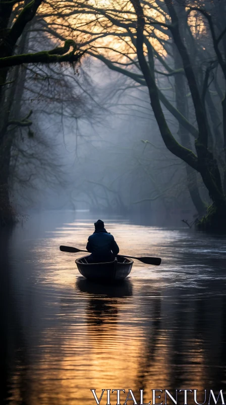 Misty River Paddling: Atmospheric Woodland Imagery AI Image