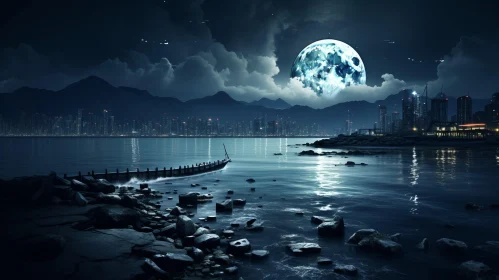 Surrealistic Full Moon over Coastal Cityscape HD Wallpaper