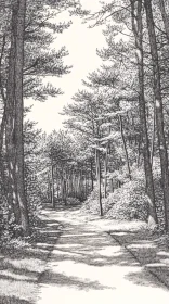 Serene Forest Path in Monochrome Illustration