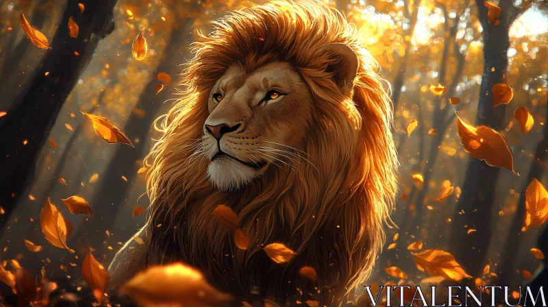 AI ART Regal Lion Among Falling Leaves