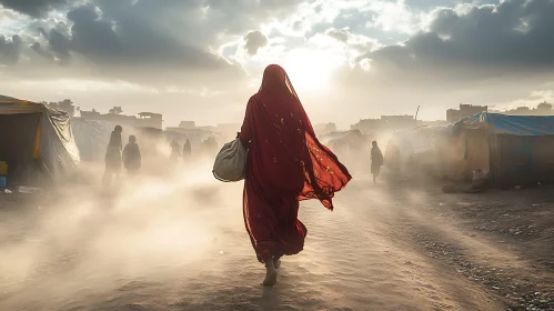 Woman in Red at Refugee Camp