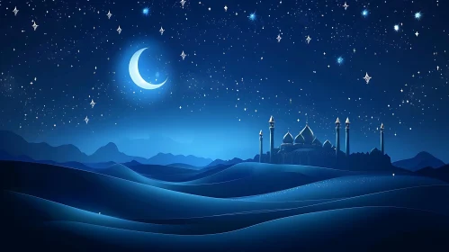 Blue Night Mosque with Crescent Moon