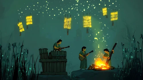 Campfire Musicians Under Lanterns