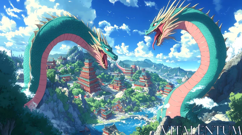 AI ART Twin Dragons Over Ancient City