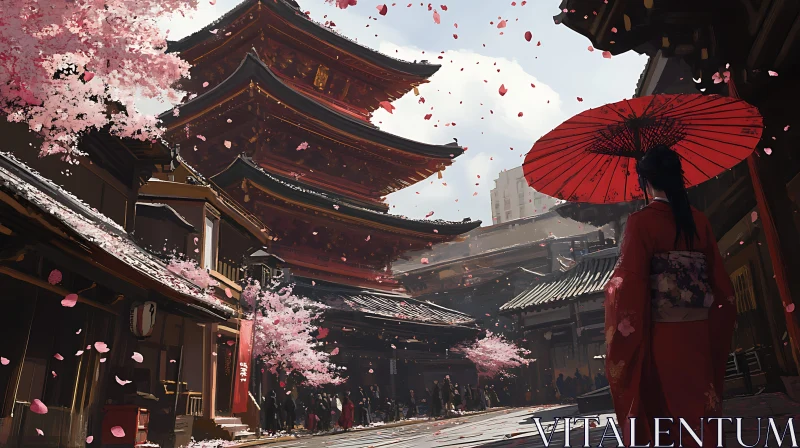 Red Kimono in Japanese Blossoming Town AI Image