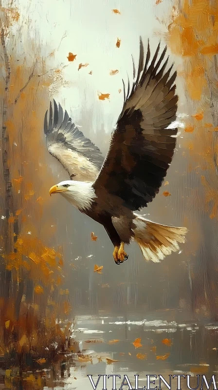 Eagle Soaring Amidst Autumn Leaves AI Image