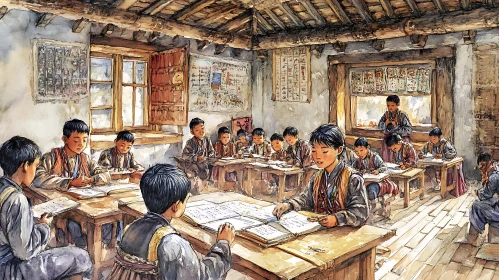 Watercolor Classroom Scene with Young Students
