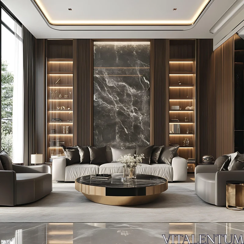 Elegant Living Room Design with Marble Accent Wall AI Image