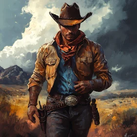 Western Cowboy Striding Landscape Painting