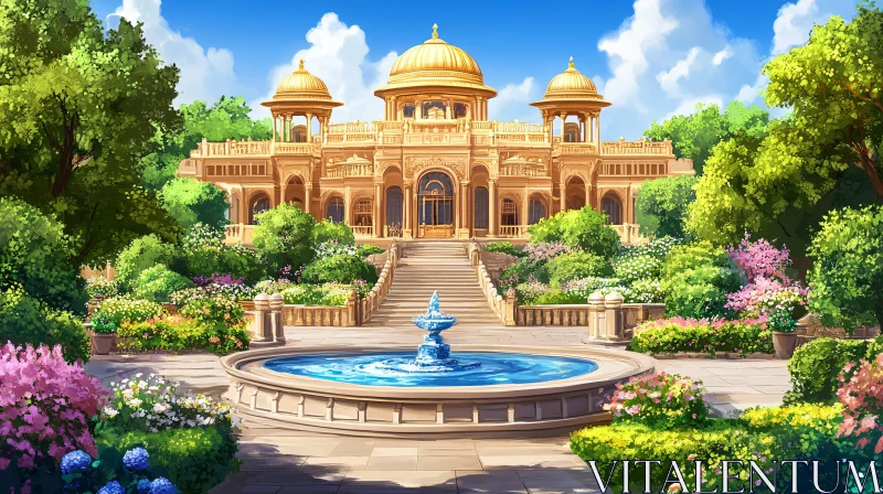 Golden Domes Palace with Lush Garden AI Image