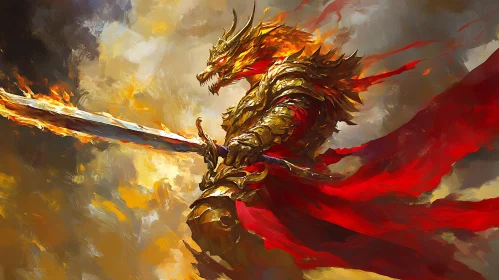 Golden Armored Dragon Warrior Illustration