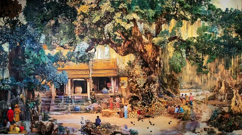 Serene Temple Scene Under Verdant Canopy