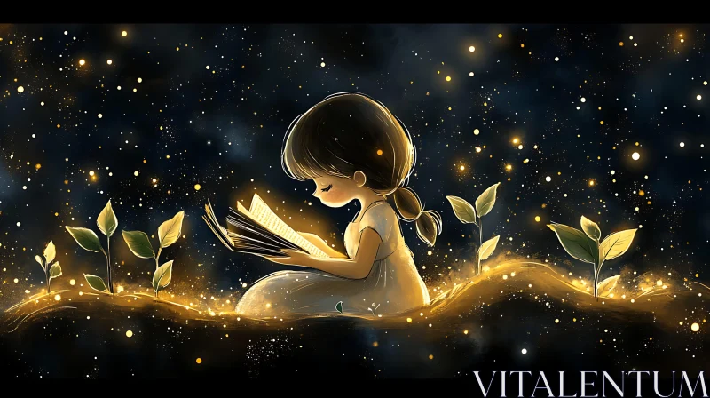 AI ART Girl Reading Under Starry Night