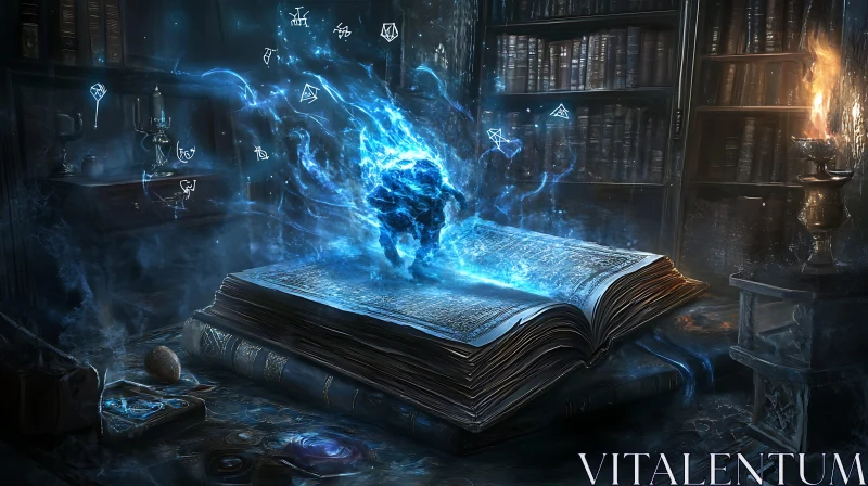 AI ART Glowing Spellbook in Old Library