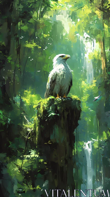 AI ART Eagle Overlooking Waterfall in Forest