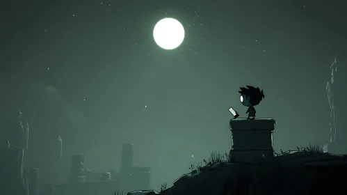 Moonlit Boy on Stone Structure