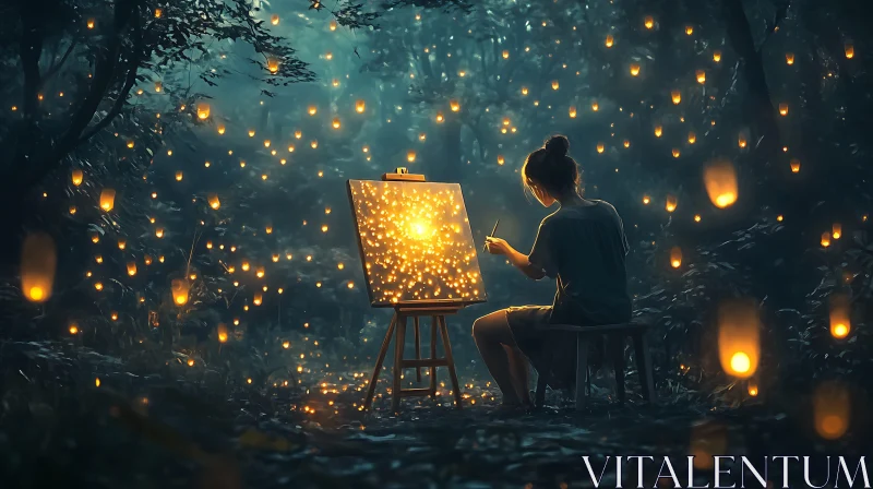 AI ART Woman Painting Lanterns in Night Forest