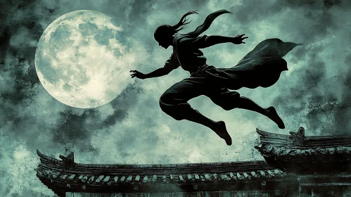 Silhouette of Warrior Leaping under Moonlight