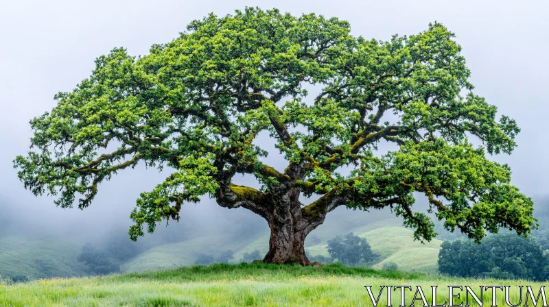 AI ART Solitary Tree in a Mist-Covered Landscape