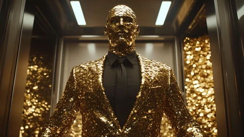 Golden Coin-Covered Man in Elevator