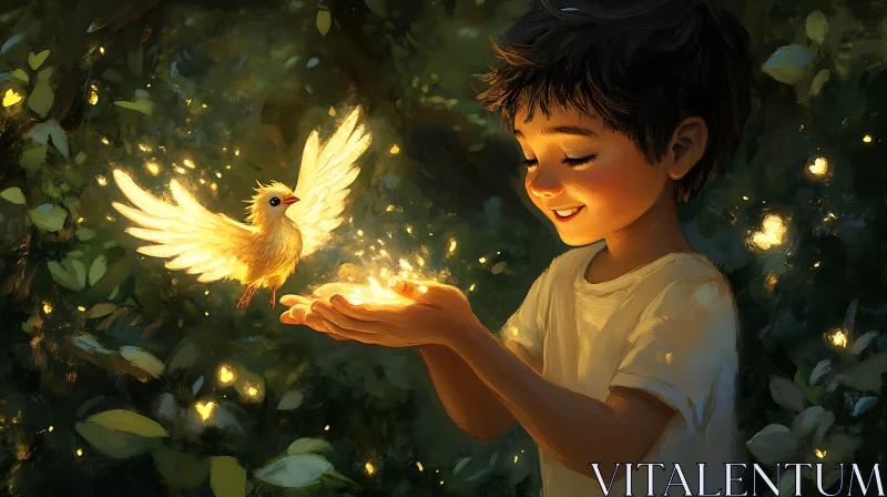 Illustration of Boy with Magical Bird AI Image