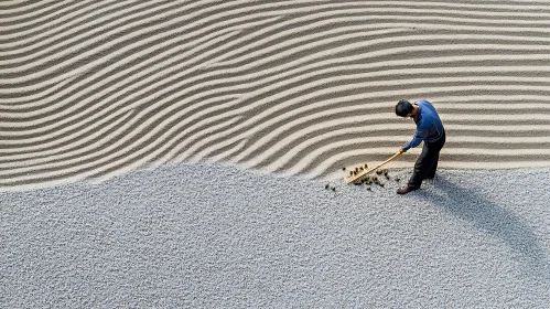 Raked Sand Garden with Meditative Wave Design