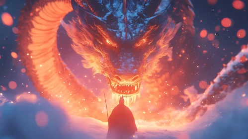 Wizard Facing Fiery Dragon in Magical Realm